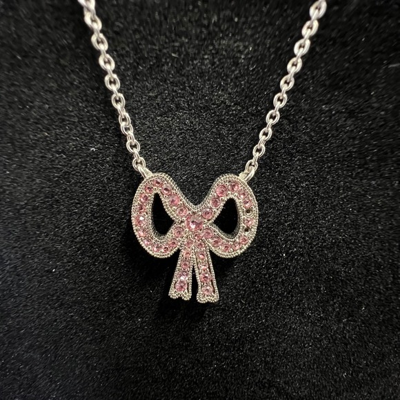 Coach Jewelry - Coach Silver Tone Pink Pave Crystal Bow Pendant‎ Necklace 17 Inch Chain